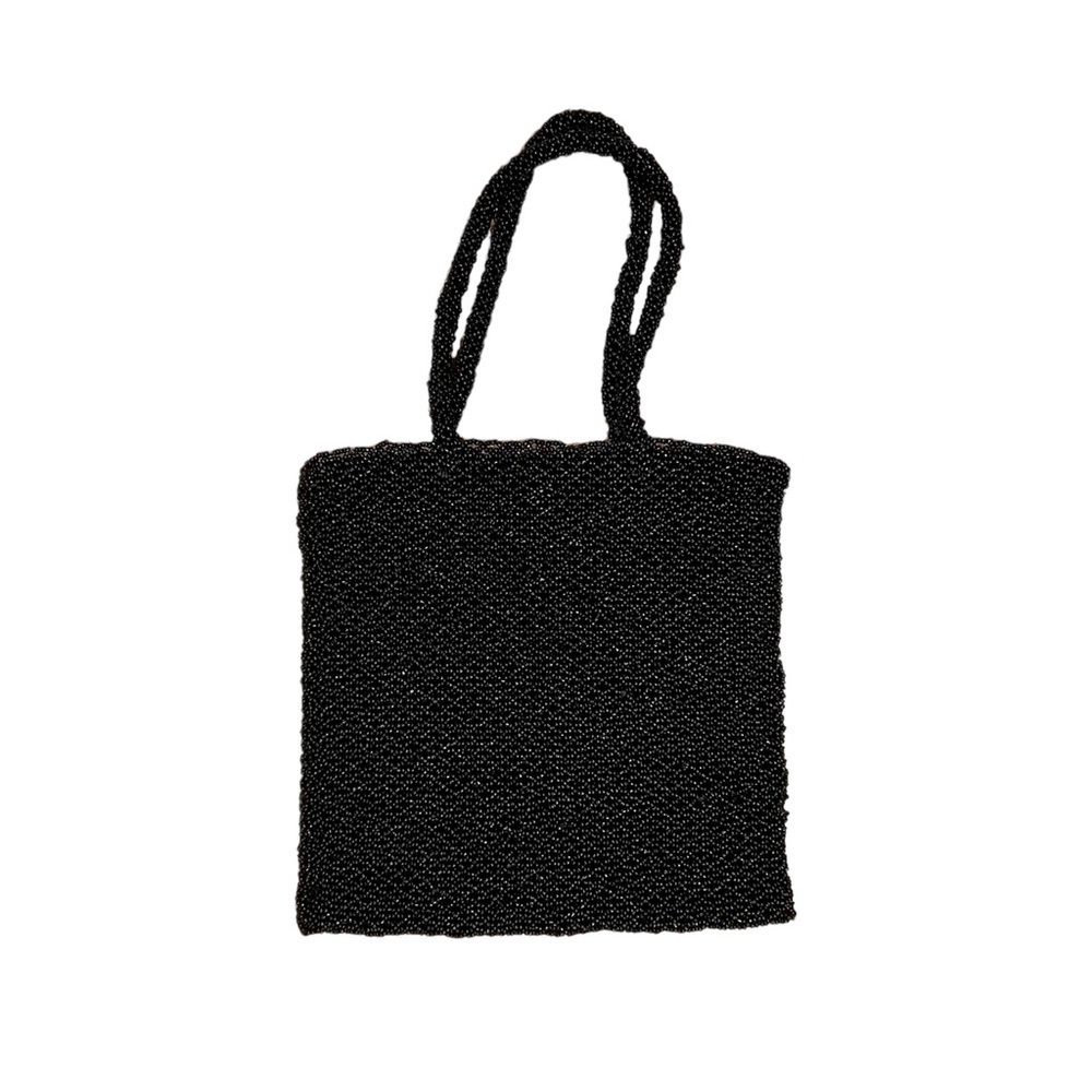 Vintage Beaded Purse 7.25” Square with Handles, Black